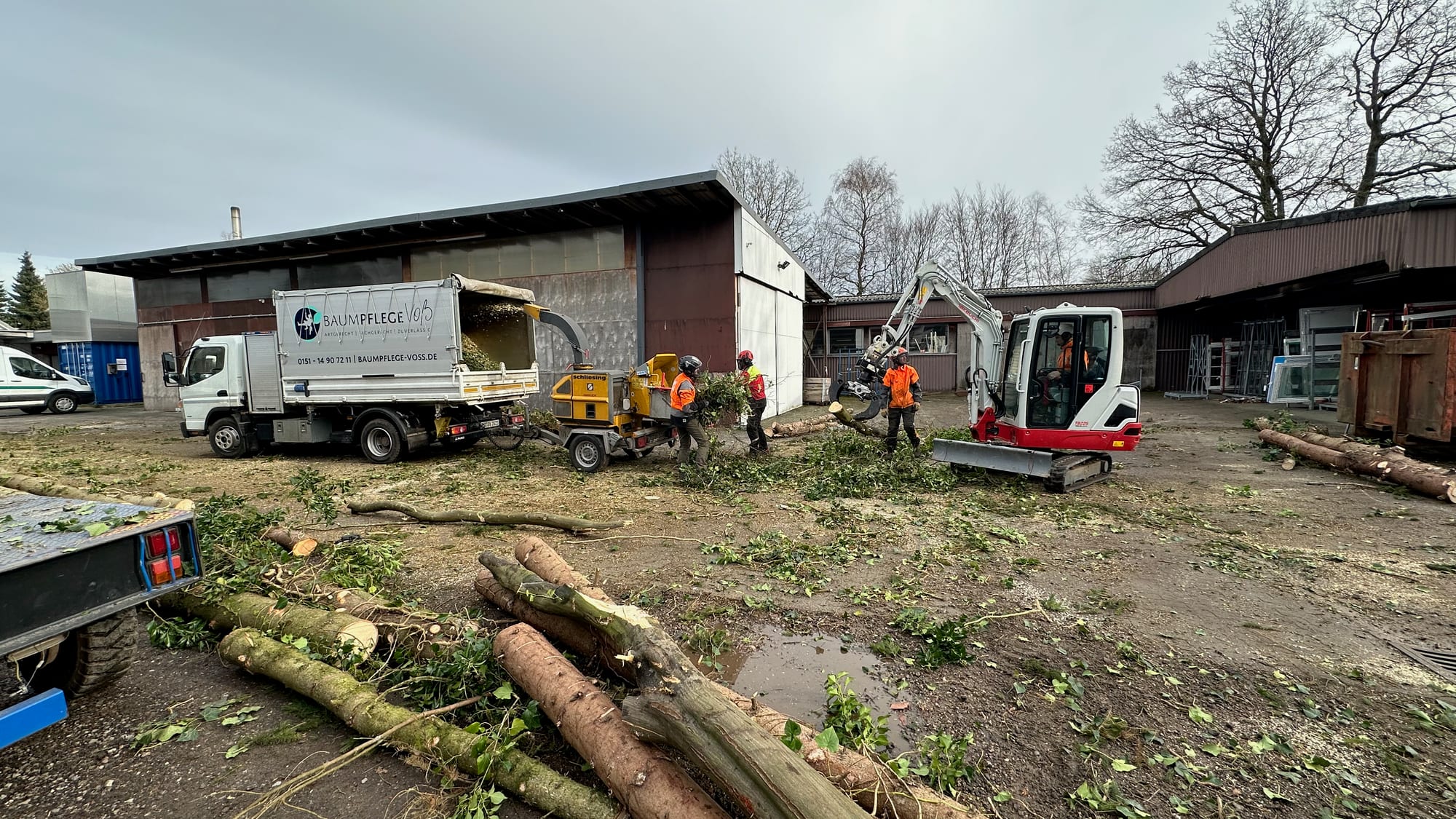 Team von Baumpflege Voß mit LKW, Bagger und Stammholz